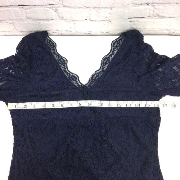 XJF.MC Whimsigoth Navy Feminine Romantic Lace Long Sleeve Knee Length Dress M - Picture 8 of 13